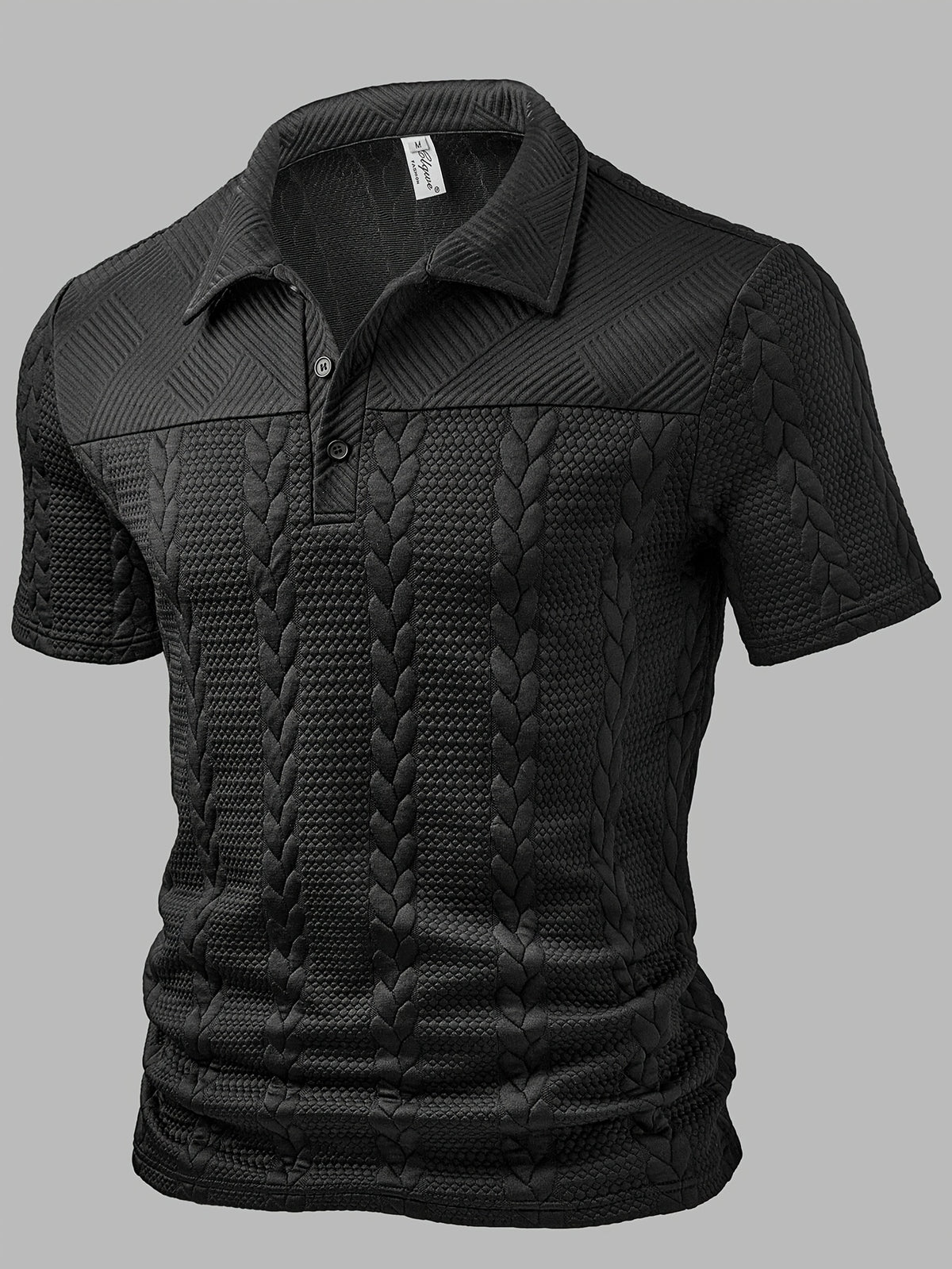 Men's Fashion Top, Spring/Summer Outdoor Casual Randomly Cut Wheat Ear Textured Fabric, Solid Color Lapel Button Patch Short Sleeve Men's Polo Shirt - Black