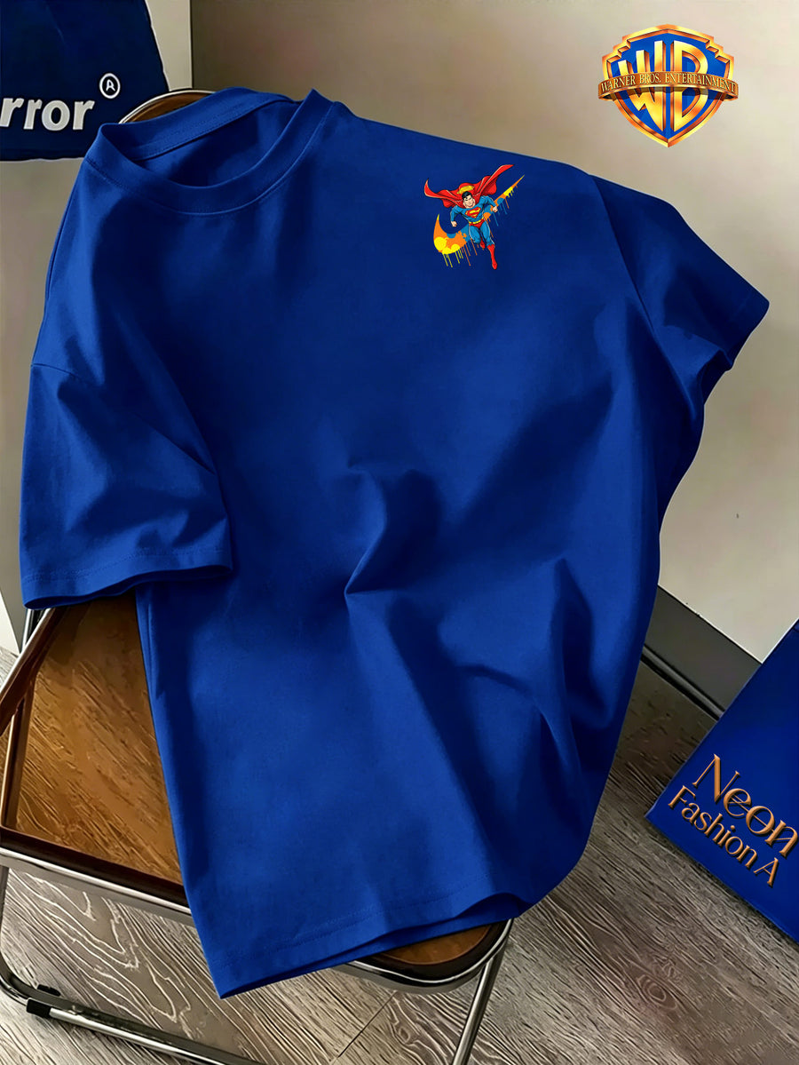 Back-To-School Season Warner Authorized, Men'S Casual T-Shirt, Soft Breathable Fabric Lightweight Short Sleeve, DC Genuine Superman Dynamic Flying Pose Colorful Resin Drop Trendy Print, Lightweight Comfortable Fit - Royal Blue
