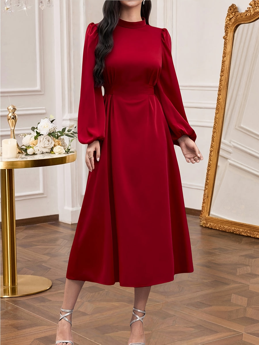 Elegant Party Women's Solid Color Long Sleeve Belted Dress - Red