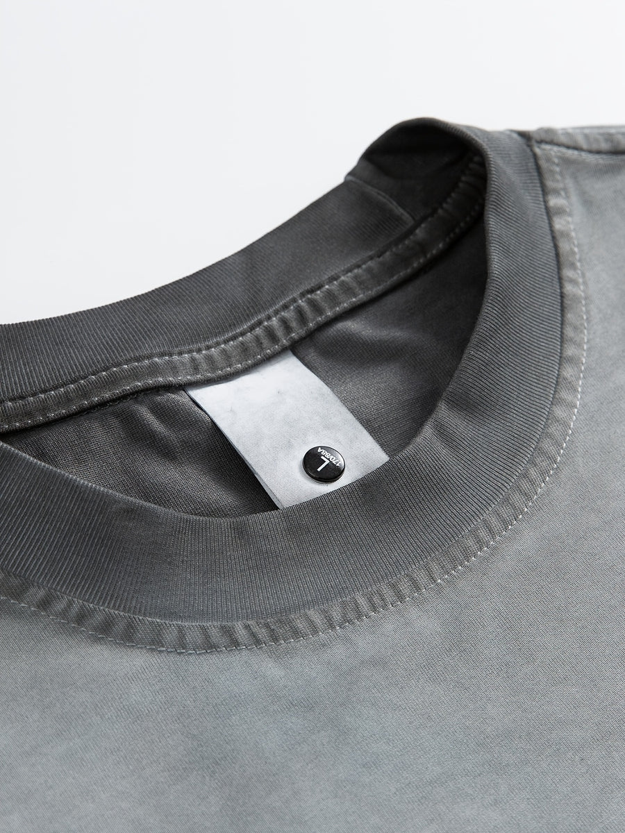 American-style Short-sleeve Men's Top, Featuring Gradient Fading and Distressed Effects, with a Fashionable Hem and Sleeve Patchwork Technique, Offering a Versatile Casual Streetwear Style - Dark Gray