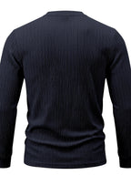 1pc Men'S Jacquard Long Sleeve Henley Shirt Solid Striped Textured Fabric with Stretch Street Style Casual Top for Autumn Winter Fashion White Matchable Pullover Base Layer - Navy Color