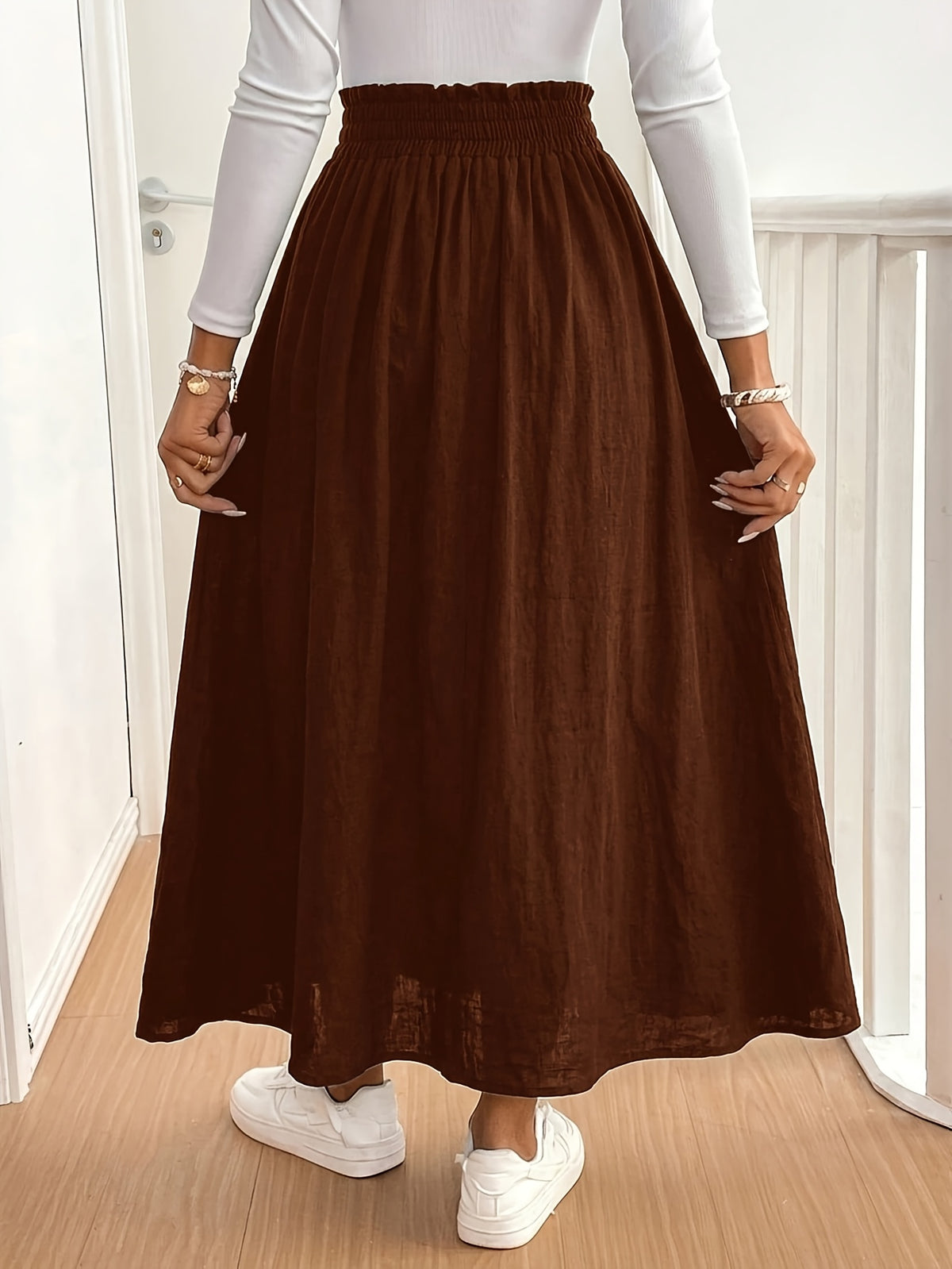 100% Solid-Colored Skirt with High Slit Design. Minimalist Style, Combining Bohemian And Romantic Vintage Vibes. Perfect for Western Holidays, Spring/Summer Beach Vacations, Graduation Season, Bohemian-Style Weddings on Tropical Islands - Brown