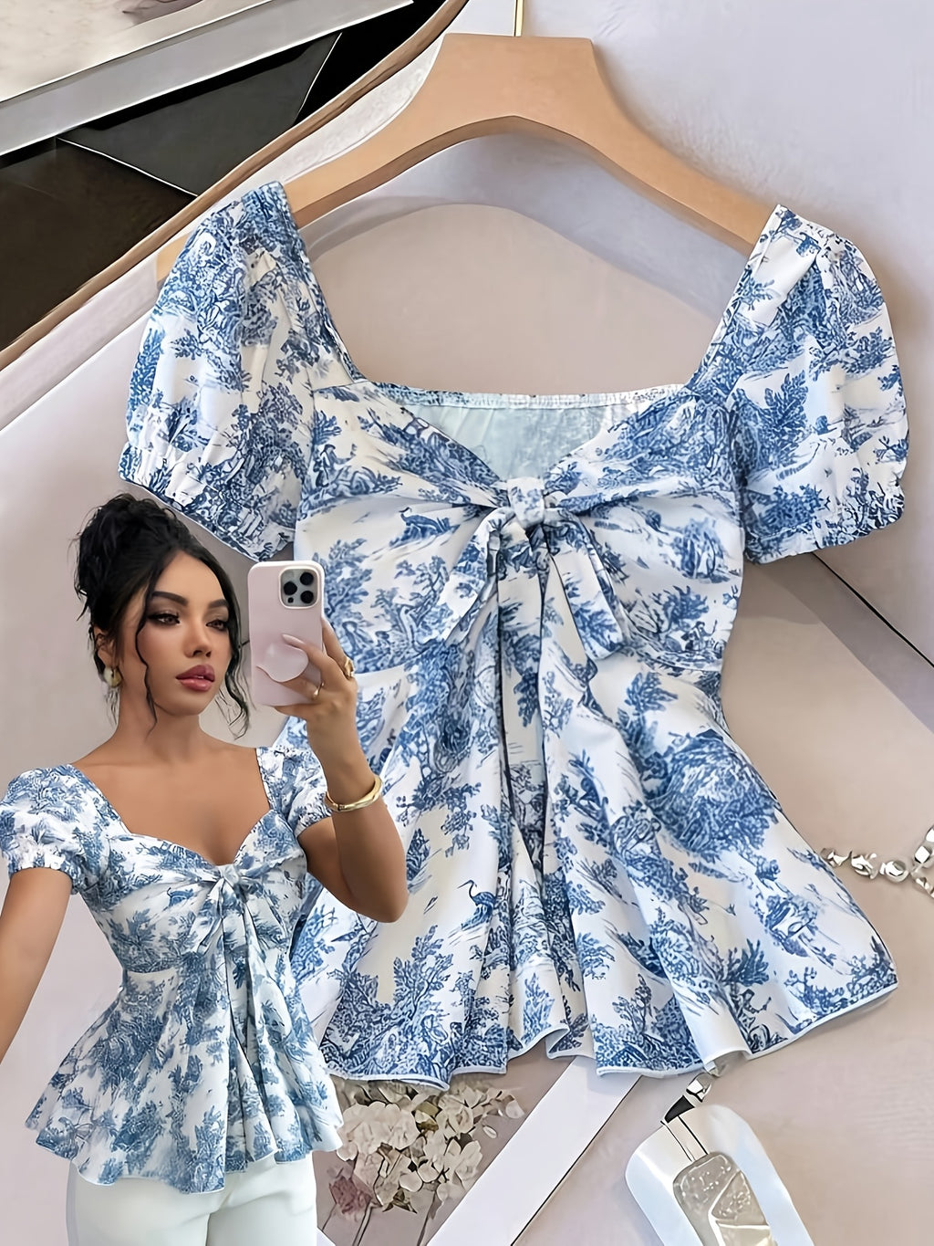 Women'S Elegant Summer Printed Square Neck Bow Puff Sleeve A-Line Waist-Cinching Fashionable Sweet Top, Random Print - Mixed colors
