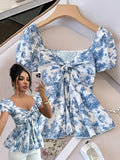 Women'S Elegant Summer Printed Square Neck Bow Puff Sleeve A-Line Waist-Cinching Fashionable Sweet Top, Random Print - Mixed colors