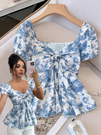 Women'S Elegant Summer Printed Square Neck Bow Puff Sleeve A-Line Waist-Cinching Fashionable Sweet Top, Random Print - Mixed colors
