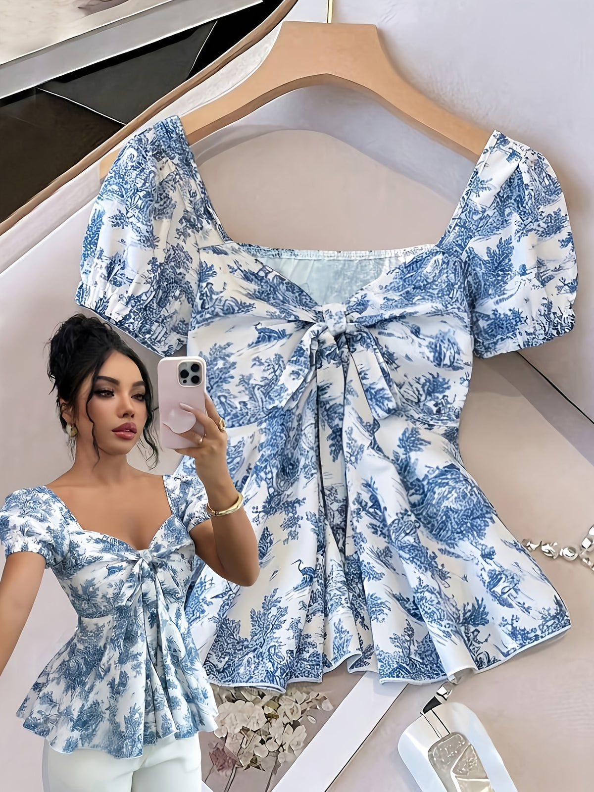 Women'S Elegant Summer Printed Square Neck Bow Puff Sleeve A-Line Waist-Cinching Fashionable Sweet Top, Random Print - Mixed colors