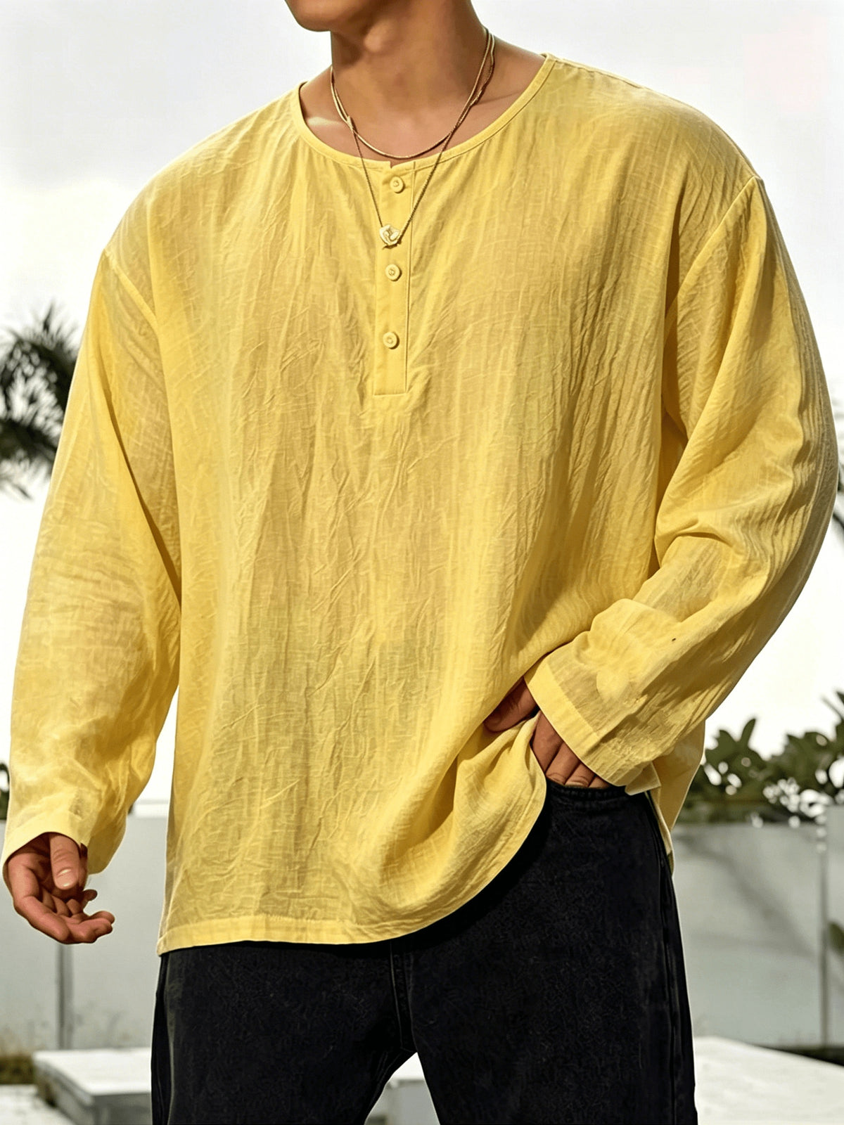 2pcs Men'S Linen Henley Shirt Set, Short Sleeve And Long Sleeve 2pcs Combination, Loose Breathable Vacation Style Casual Top - Yellow