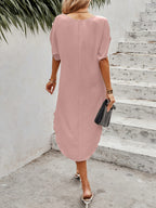 V-Neck Asymmetrical Long Top, Batwing Short Sleeve Loose Curved Hem Front Short Back Long Shirt, Textured Pleated Fabric, Casual Commute Leisure, Beach Vacation Blouse - Pale Pinkish Gray