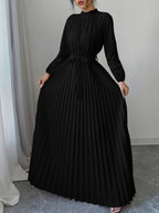 Women'S Long Sleeve Easy Tie-Waist Long Dress - Black