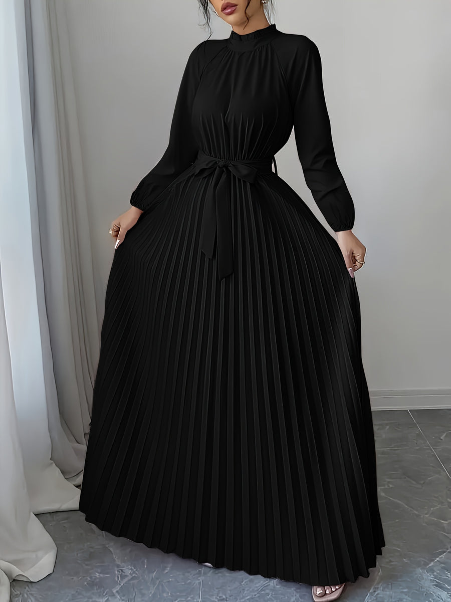 Women'S Long Sleeve Easy Tie-Waist Long Dress - Black
