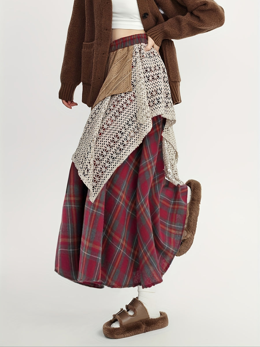 Autumn And Winter Midi Skirt in Ankhara Red, Featuring a Loose Elastic Waist, Flattering Long Design, And Irregular Color-Blocked A-Line Style - Brick Red