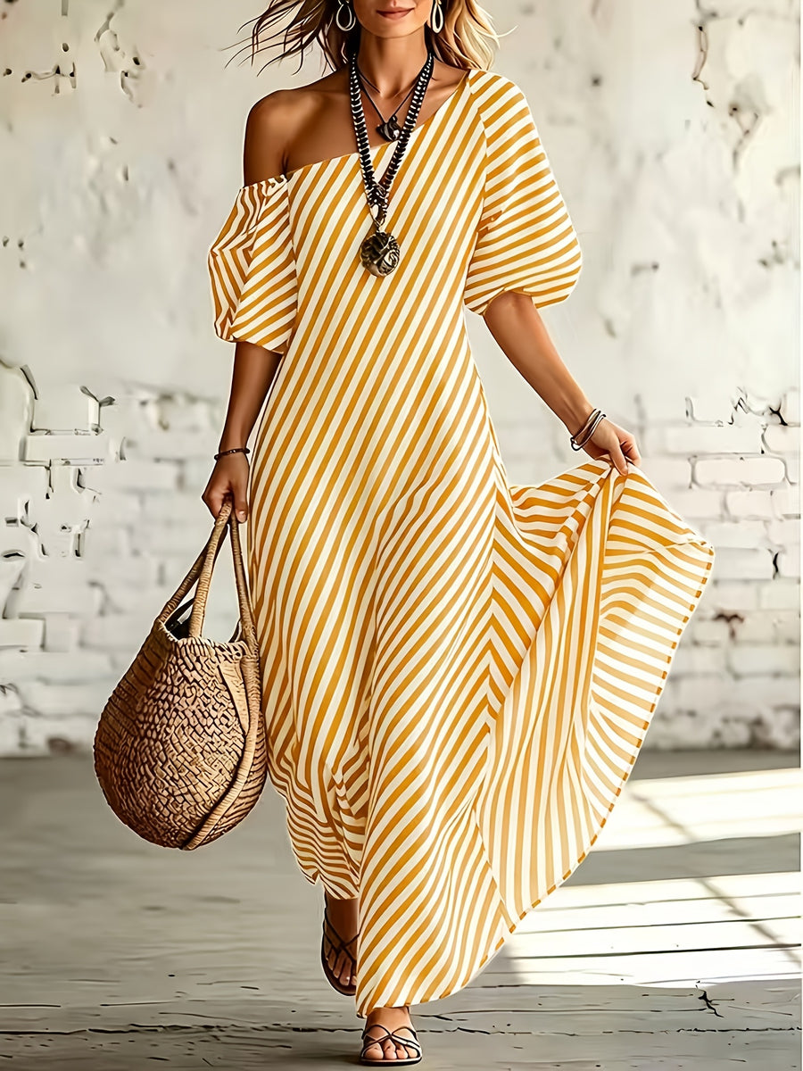 Women'S Elegant Asymmetrical Shoulder Stripe Long Dress, Summer Bohemian Vacation Loose Short Sleeve Maxi Skirt - Yellow