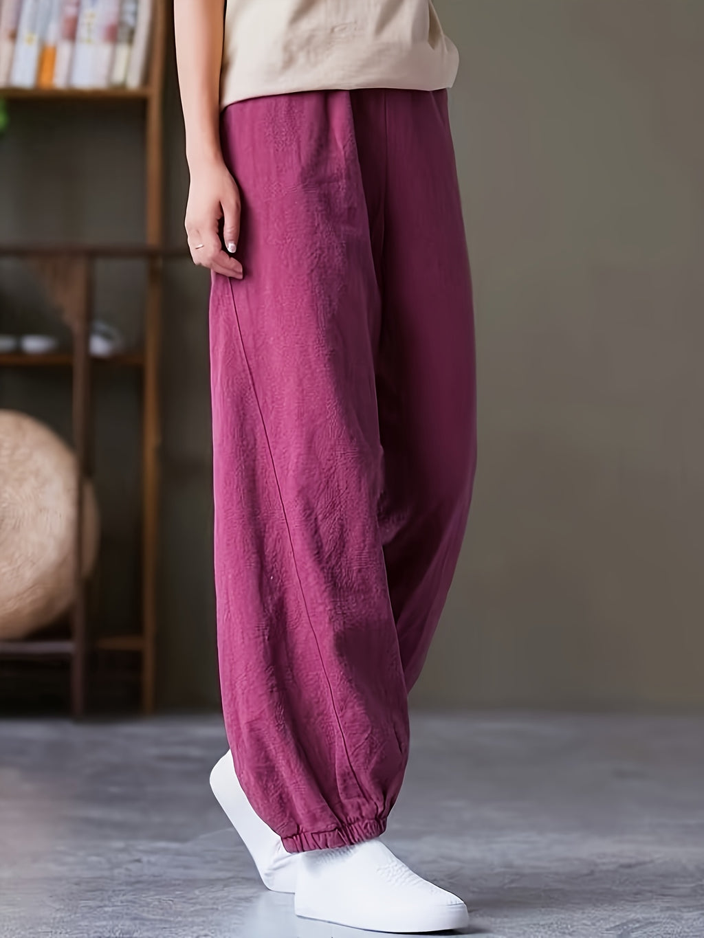 Loose and Breathable Vintage High-waist Tapered Patchwork Casual Wide-leg Long Pants Solid Color Casual Lantern Pants - Burgundy