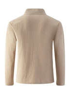 95% Linen Long Sleeve Polo Shirt Fall Winter Midweight Crinkle Texture 3 Wooden Buttons Single Chest Pocket Lapel Casual Top - Khaki
