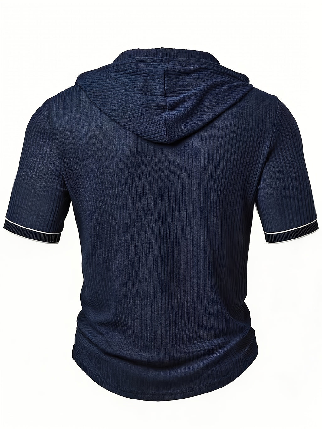 Men'S Fashion Men'S Clothing Top, Spring Summer Casual Outdoor Textured Ribbed Fabric Solid Color Hooded Single-Row Button Short Sleeve Men'S Henley Shirt - Navy blue color