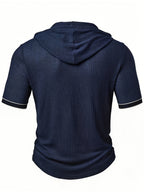 Men'S Fashion Men'S Clothing Top, Spring Summer Casual Outdoor Textured Ribbed Fabric Solid Color Hooded Single-Row Button Short Sleeve Men'S Henley Shirt - Navy blue color
