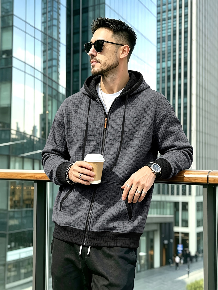 Men'S Fashion Hooded Color-Block Waffle Jacket, Zipper with Drawstring Coat, Suitable for Daily Commute, Outdoor Casual Sports Jacket - Deep Gray
