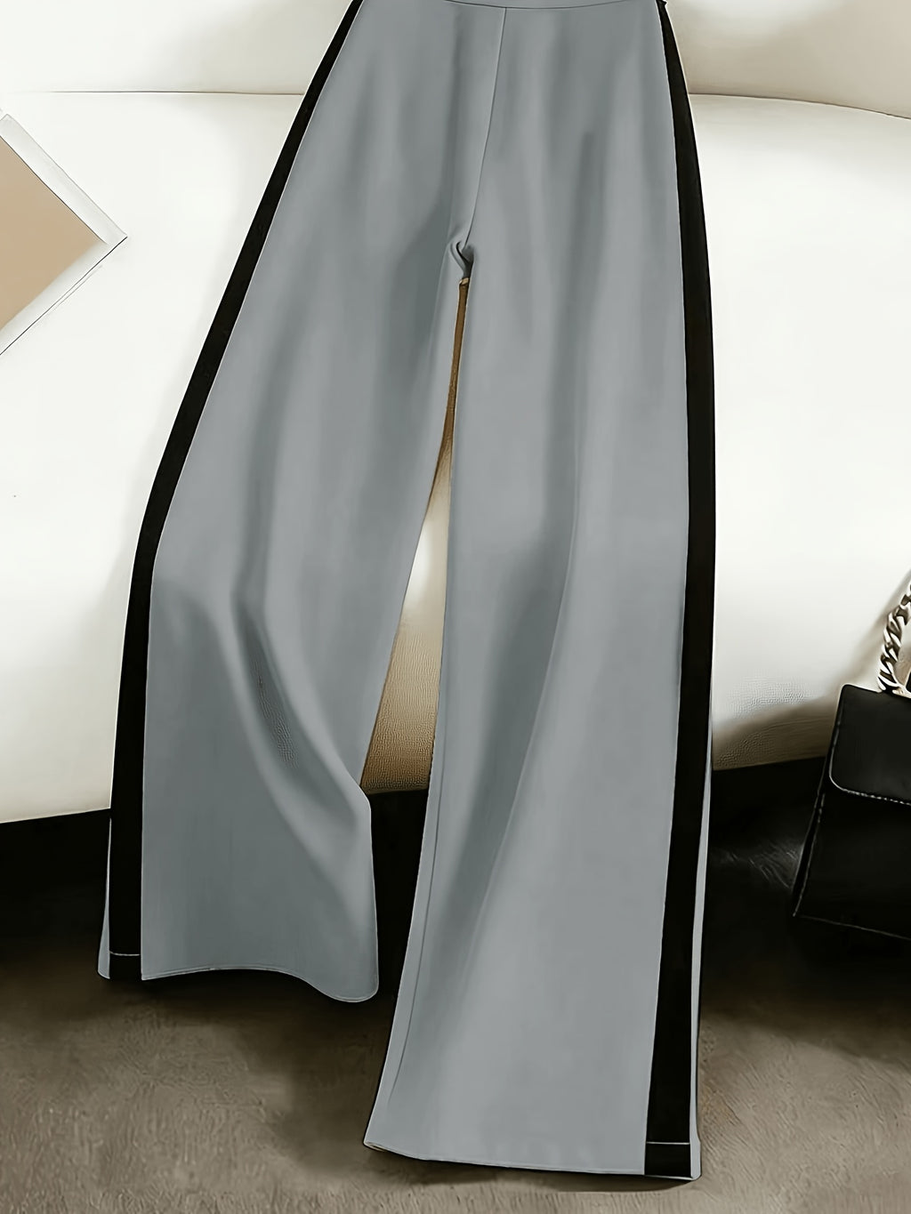 Grey Autumn and Winter Business Casual Wide Leg Straight Leg Pants, Stylish and Elegant Splicing Design, Loose Commuting Multi-purpose Pants, Suitable for Wearing in Spring and Autumn Seasons, Elastic Back Waist Casual Multifunctional Pants - Lead Color