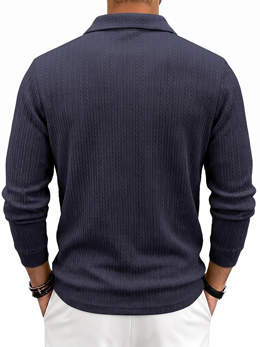 New Autumn Winter Men'S Fashion Casual Outdoor Jacquard Lapel Button-Up Long Sleeve Henley Shirt, Boyfriend Birthday Gift - Navy Color