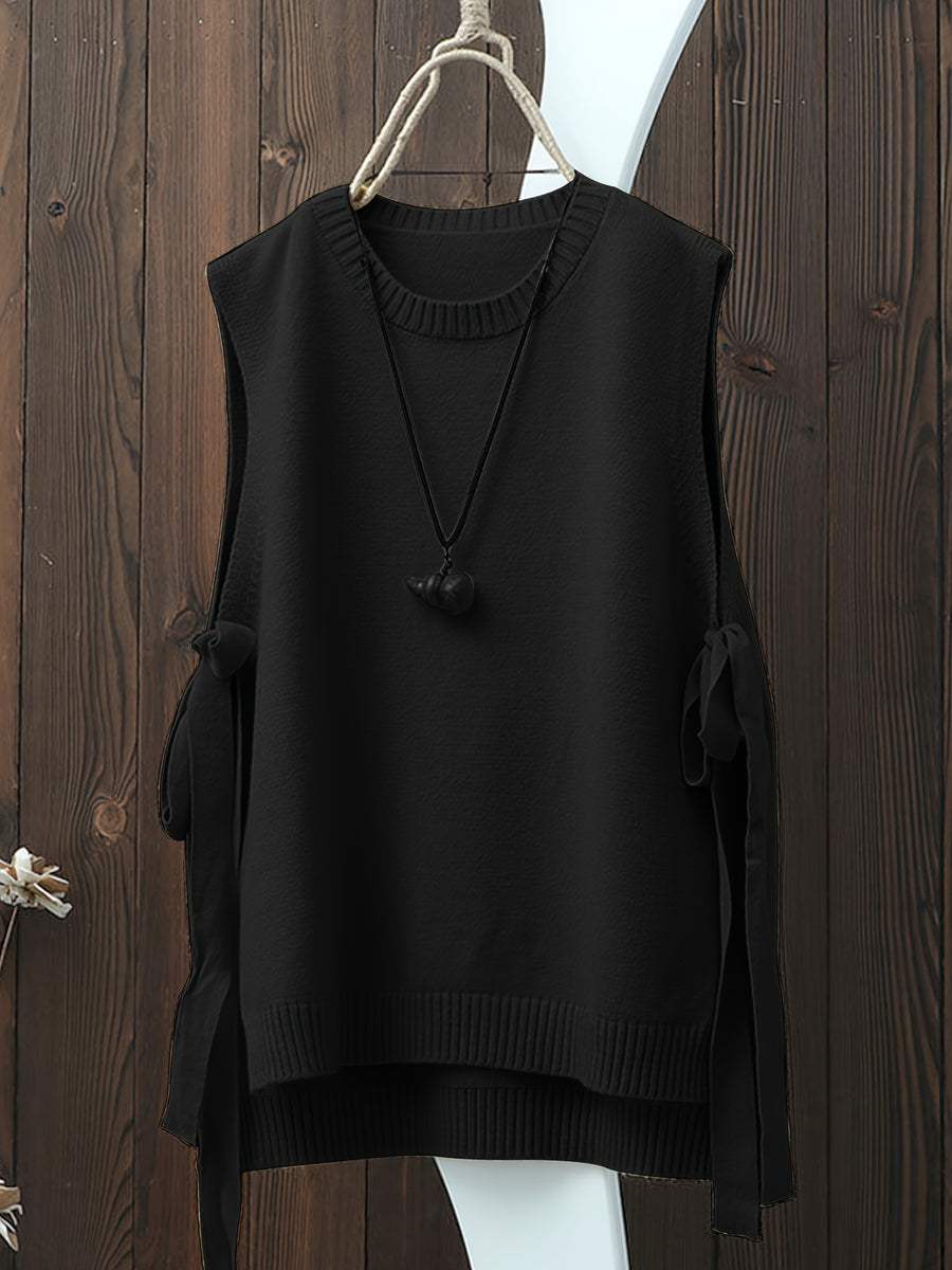 Women'S Spring Autumn Casual Fashion Niche Chic Vintage Easy Solid Round Neck Vest Sleeveless Side Slit Tie-Up Short Front Long Back Design Temperament Daily Versatile Quality Premium Gentle Elegant Loose Lazy Style Outerwear Sleeveless Camisole Top - Black