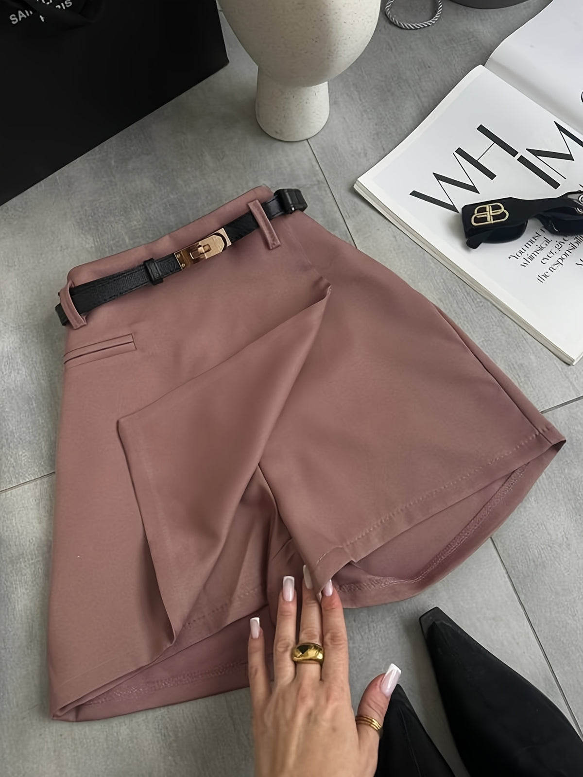 Women'S Spring And Summer High-Waisted Anti-Exposure A-Line Irregular Skirt Pants French Elegant Office Style Lip Pocket Suit Shorts - Rose Brown