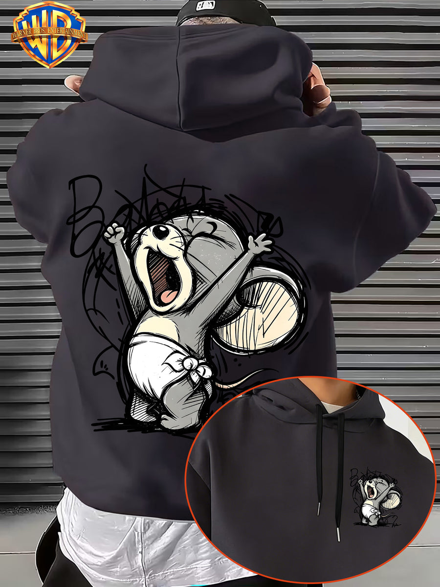 Licensed by Warner Bros., Sketch Style Cute Young Animals, Exuberant Cheering Expression with Casual Graffiti Art Letter Trendy Cool Print Men'S Fashion Hooded Sweatshirt, Sleeve Print Design, Kangaroo Pouch, Drawstring Hood - Dark Gray