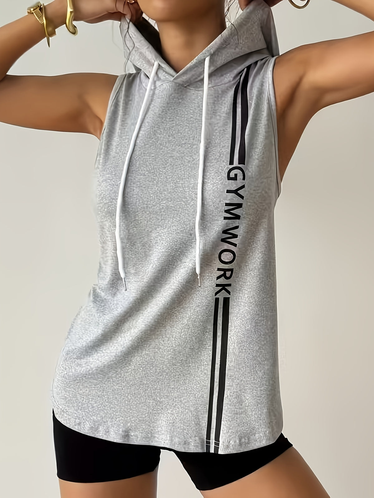 Heather Gray Sleeveless Hooded Tank Top with 'GYM WORK' Stripes - Casual Athletic Gym Wear - Light Grey