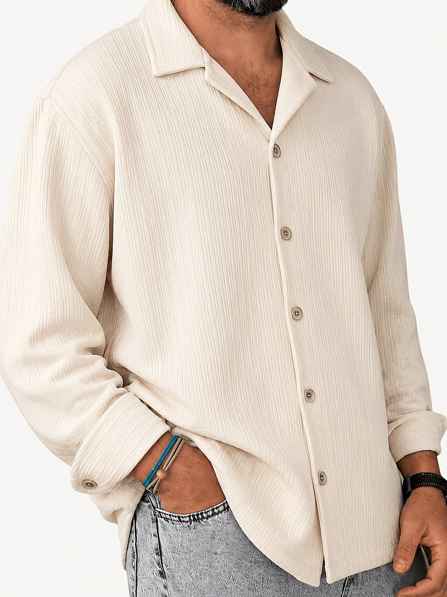 Men's Vintage Lapel Long Sleeve Shirt, Vertical Ribbed Minimalist Solid Knit Top, Versatile Casual Wear - Apricot