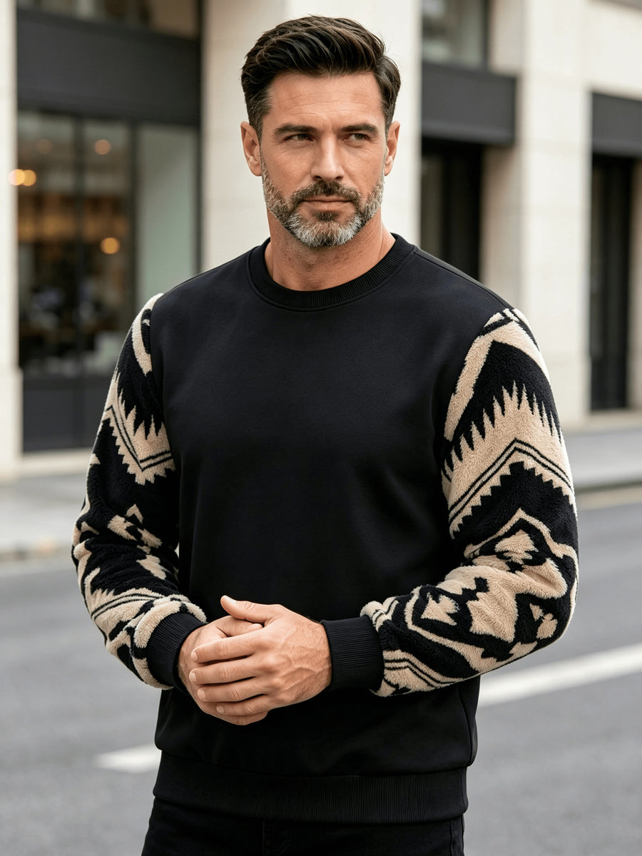 Men'S Autumn Winter Round Neck Plush Sweatshirt, Fashionable Retro Color-Block Plush Patchwork Pattern And Solid Color Design, Wrinkle-Resistant Soft Knit Material, Very Practical. Suitable for Students' Daily Wear on Campus, Outings, Dates - Black