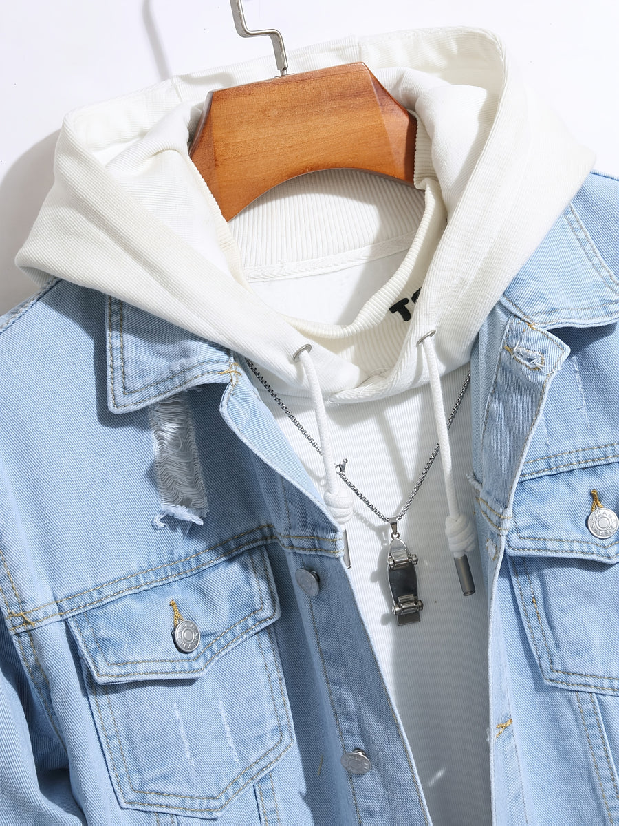 Men'S Street Style Fashion Slim-Fit Ripped Denim Jacket in Solid Color, Casual Men'S Denim Outerwear - Light Blue