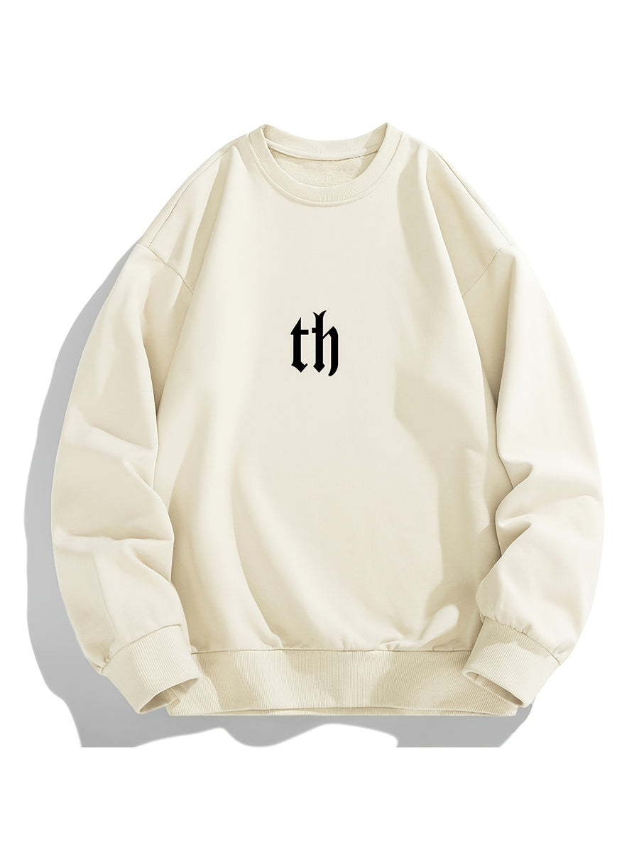 Men'S Crew Neck Sweatshirt, Spring Autumn Streetwear Letter Graffiti Print Pullover Top, Youth Loose Casual Versatile Long Sleeve Basic Undershirt - Apricot