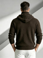Business-casual Men's Half-zip Button-up Hooded Long-sleeve Knit Sweater, Slim-fit Soft Warm Solid-color Knit Pullover Top, Suitable for Daily, Office, and Weekend Casual Outings in Autumn and Winter - Coffee Color