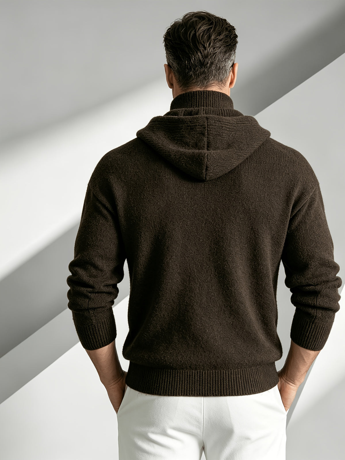 Business-casual Men's Half-zip Button-up Hooded Long-sleeve Knit Sweater, Slim-fit Soft Warm Solid-color Knit Pullover Top, Suitable for Daily, Office, and Weekend Casual Outings in Autumn and Winter - Coffee Color