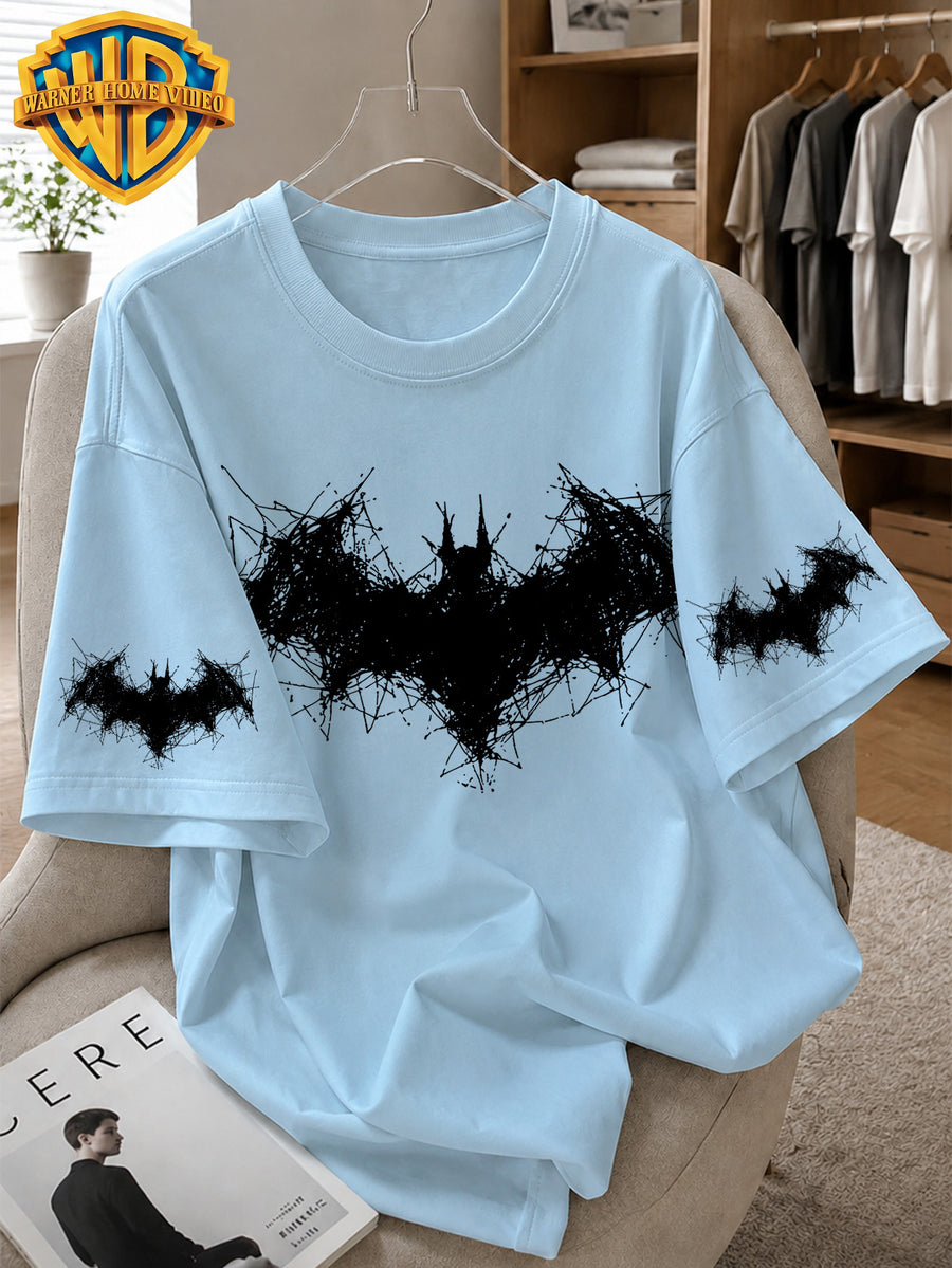 Warner Bros. Officially Licensed Batman Abstract Line Drawing Logo Printed Men's Cotton Short-Sleeved T-Shirt, American Retro Street Style, Soft and Breathable, Suitable for Daily Wear, Streetwear, Fitness, and Outdoor Use - Light Blue
