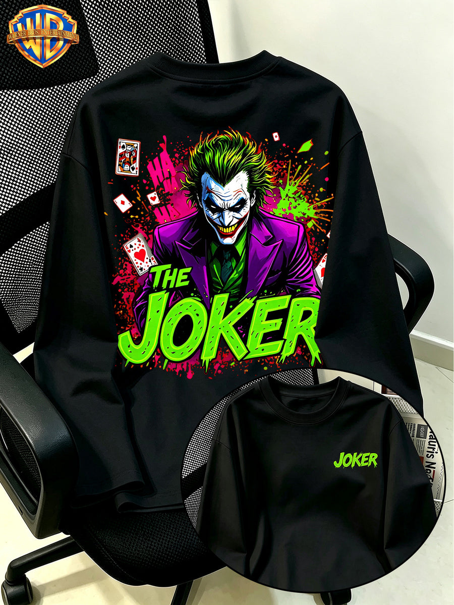 Authorized by Warner Bros., Joker Front And Back Double-Sided Print, Autumn Round Neck Long Sleeve, Fashionable Multifunctional Men'S Clothing, New Casual Loose Outdoor Athletic Breathable Top, Suitable for Daily Outdoor Activities, Gym Wear - Black