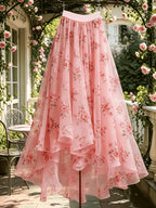 Women'S Spring Summer New Elegant Floral Print Mesh Half Skirt, Suitable for Parties, Vacations, And Dates - Pink