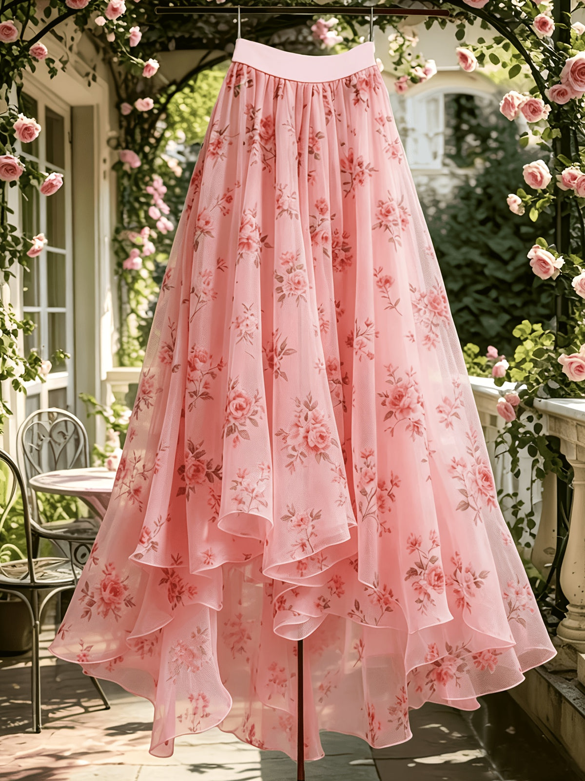 Women'S Spring Summer New Elegant Floral Print Mesh Half Skirt, Suitable for Parties, Vacations, And Dates - Pink