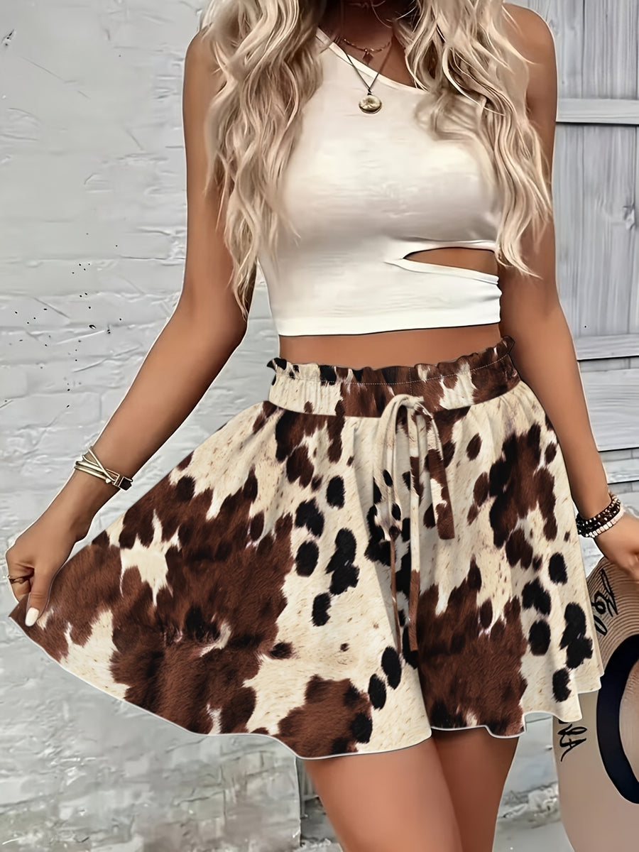 Comfortable And Skin-Friendly Cow Print Skirt Pants European And American Style High-Waisted Casual Shorts Summer Versatile Style - Dark Brown