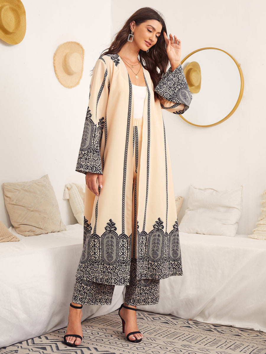 ZD0810056 New Middle Eastern Ethnic Artistic Pattern Robe Set for Women, Casual Elegant Comfortable Daily Outing Family Gathering Muslim Eid Loose Cardigan + Printed Wide-Leg Pants Casual Two-Piece Set - Apricot