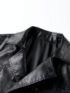 Autumn/Winter New Mid-Length Solid Color Double-Breasted Lapel Cardigan for Men, Casual Business Style PU Trench Coat Jacket - Black