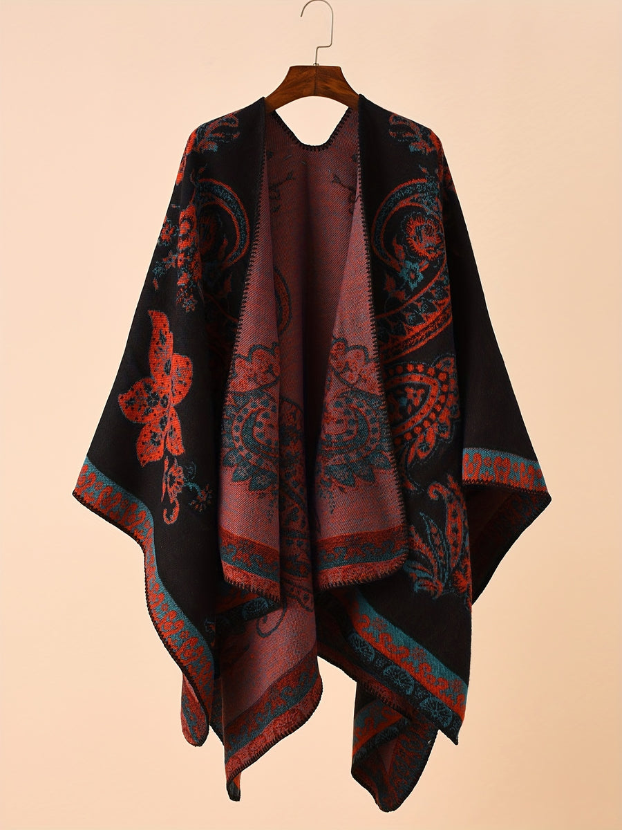Plus Size - Plus Size - Women'S Oversized Front-Open Thick Shawl Cardigan, Casual Poncho Sweater That Can Be Worn As a Blanket, Suitable for Autumn, Winter, And Nighttime - Burgundy