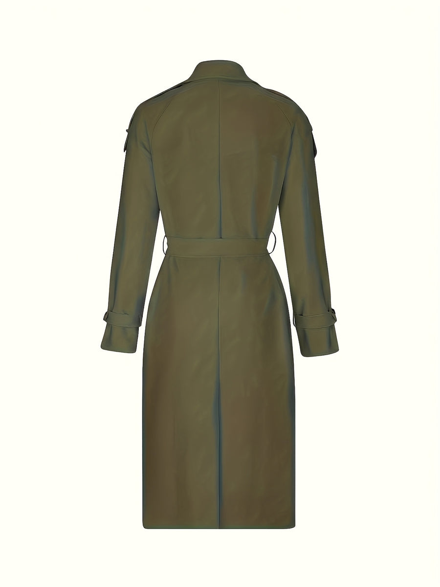 Women'S Autumn Winter Casual Temperament Solid Color Trench Coat Mid-Length Outerwear - Olive Green