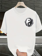 Men's Yin Yang Symbol T-Shirt - Yin-Yang Print Asymmetric Streetwear Summer Tee with Black & Grey Chinese Cultural Design, Loose Fit Casual Shirt for Casual Attire - White