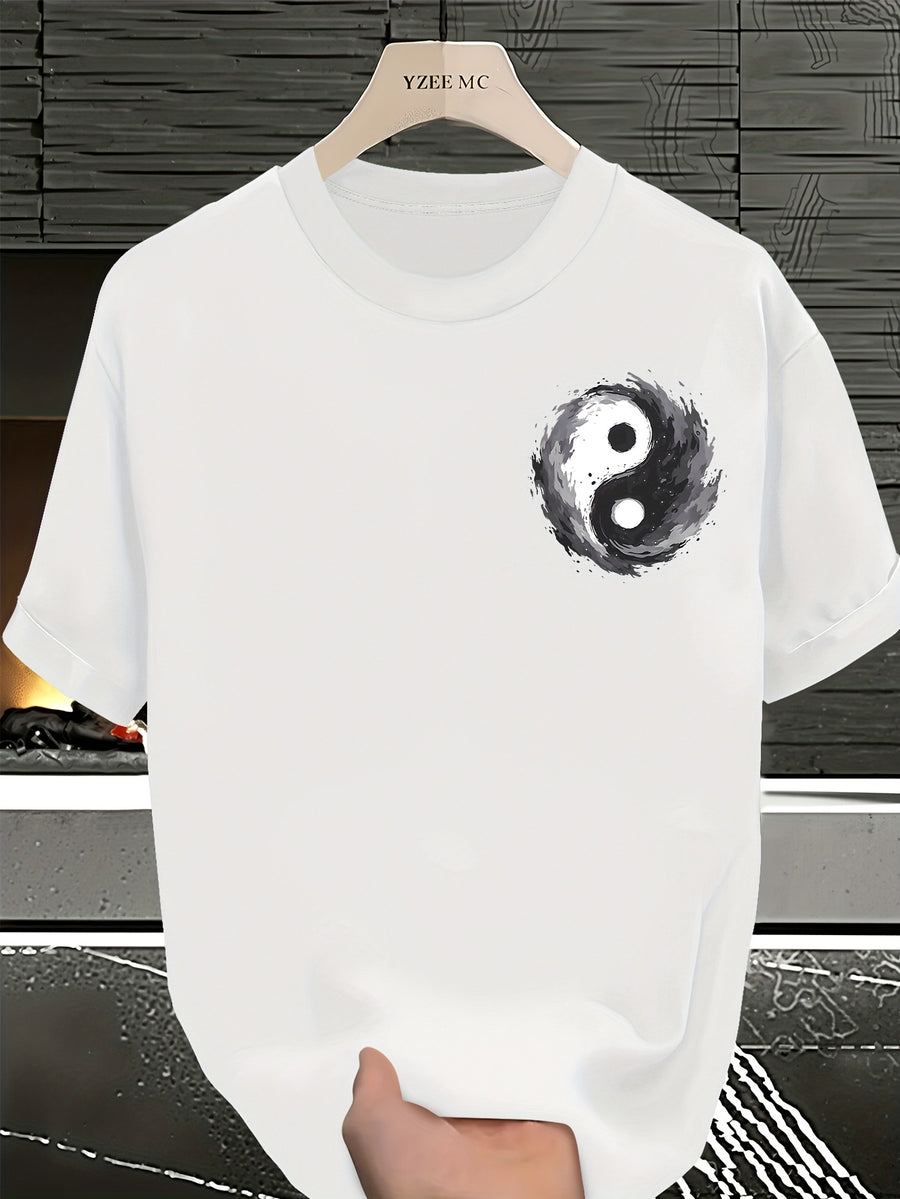 Men's Yin Yang Symbol T-Shirt - Yin-Yang Print Asymmetric Streetwear Summer Tee with Black & Grey Chinese Cultural Design, Loose Fit Casual Shirt for Casual Attire - White