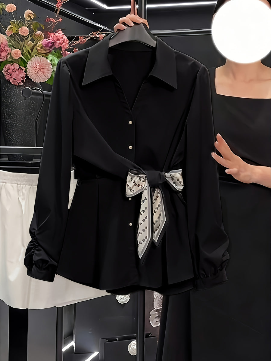 High-End Feel Commuter Versatile Exquisite Women's Shirt, Spring/Summer New Arrival Long-Sleeve Top, Waist-Cinching Stylish Blouse - Black