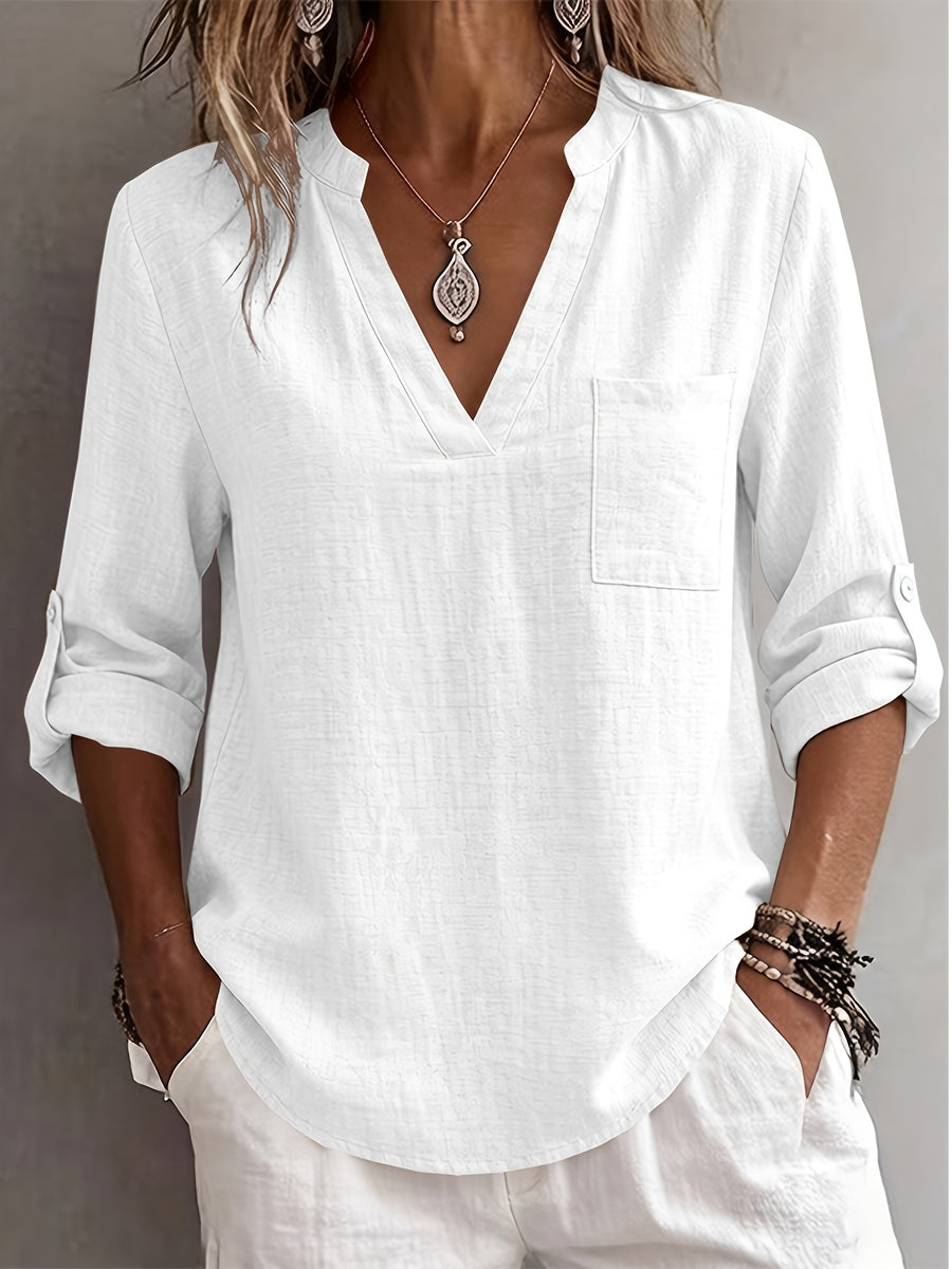 Women'S V-Neck Short Sleeve Shirt, Universal Casual Blouse Top - White