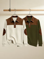 Men's Casual Long Sleeve Lapel Pullover with Patchwork Half-Zip Design, Two-pc, Multiple Colors Available, Men's Outdoor Casual Wear Suitable for Outdoor Sports and Vintage Casual Styling - Apricot + Army Green