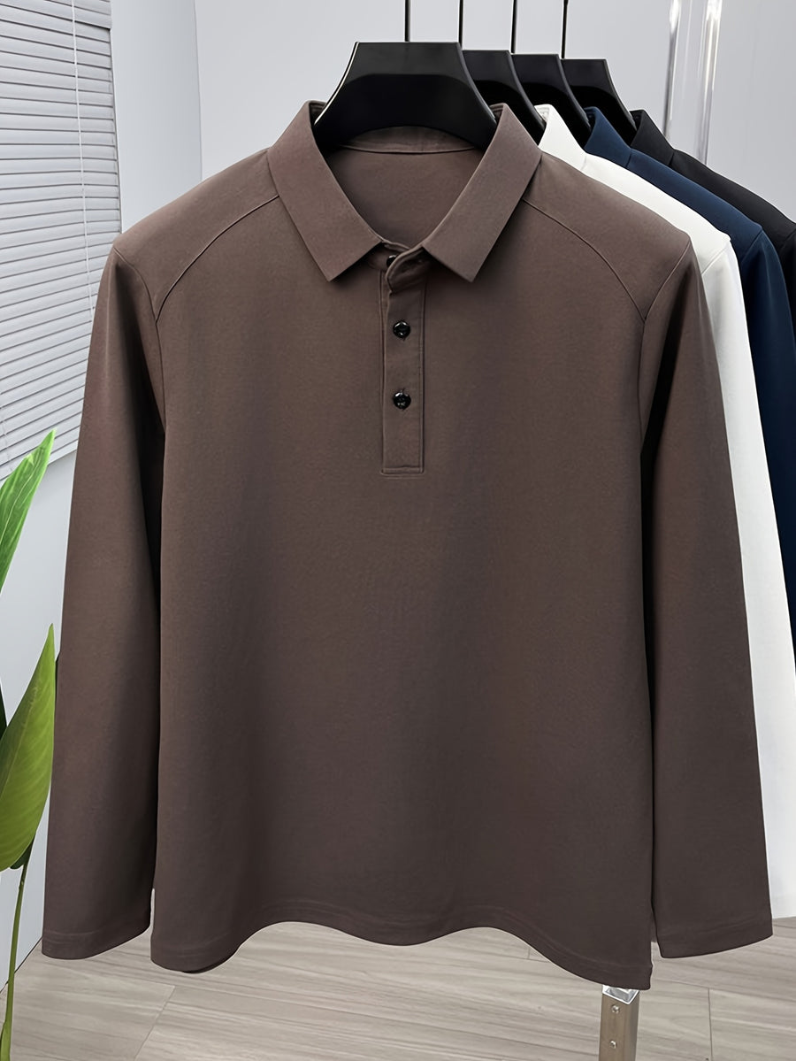Men'S Raglan Sleeve Long Sleeve Polo Shirt, Relaxed Fit Cut, Unrestricted Movement, Loose Non-Tight Fit, Easy Business Style, No Extra Logos - SINBOS - Dark Brown