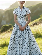 QD251210016 Polka Dot Waist-Cinching Dress, Short Sleeve Maxi Dress, Elegant Temperament Dress for Evening Dates - Off-white