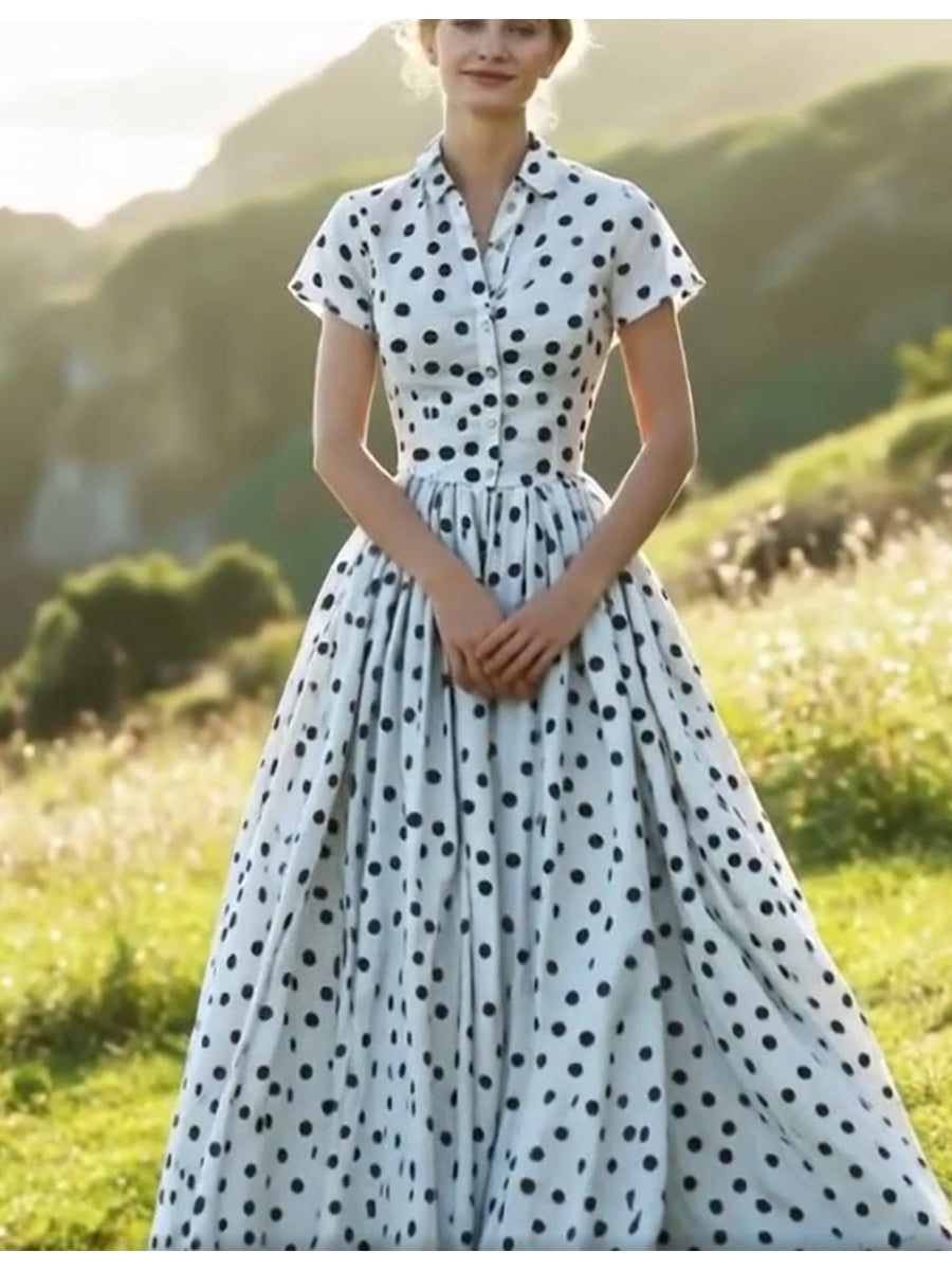 QD251210016 Polka Dot Waist-Cinching Dress, Short Sleeve Maxi Dress, Elegant Temperament Dress for Evening Dates - Off-white